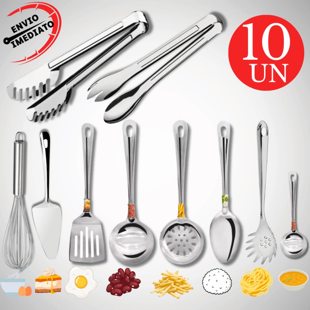 Kit de utensílios de cozinha 100% inox com colher, concha, escumadeira, pegador, mini concha e mais
