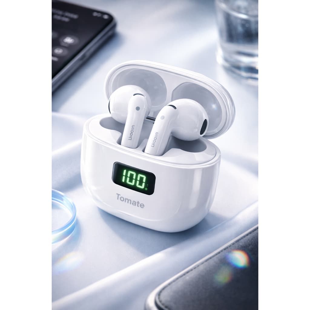 Fone de ouvido Bluetooth Tomate MTF-8810, branco, estojo com tela digital e smartphone ao fundo.
