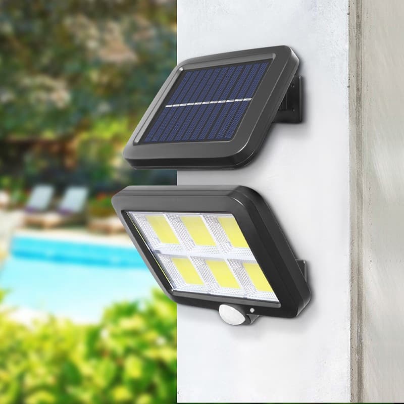 Refletor solar com 120 LEDs montado na parede, iluminação solar para jardim, sensor de presença.