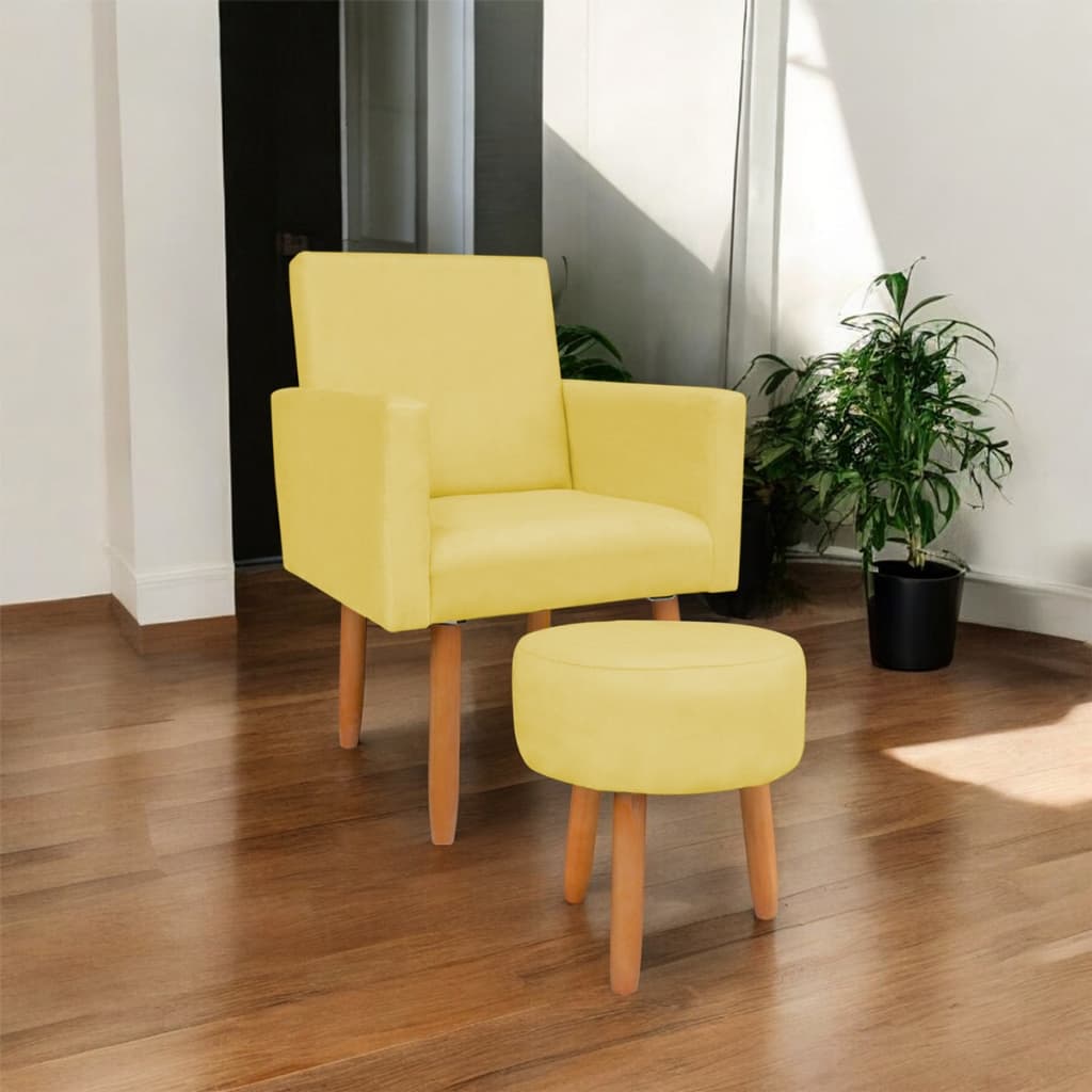 Poltrona amarela e puff redondo em ambiente moderno com plantas verdes