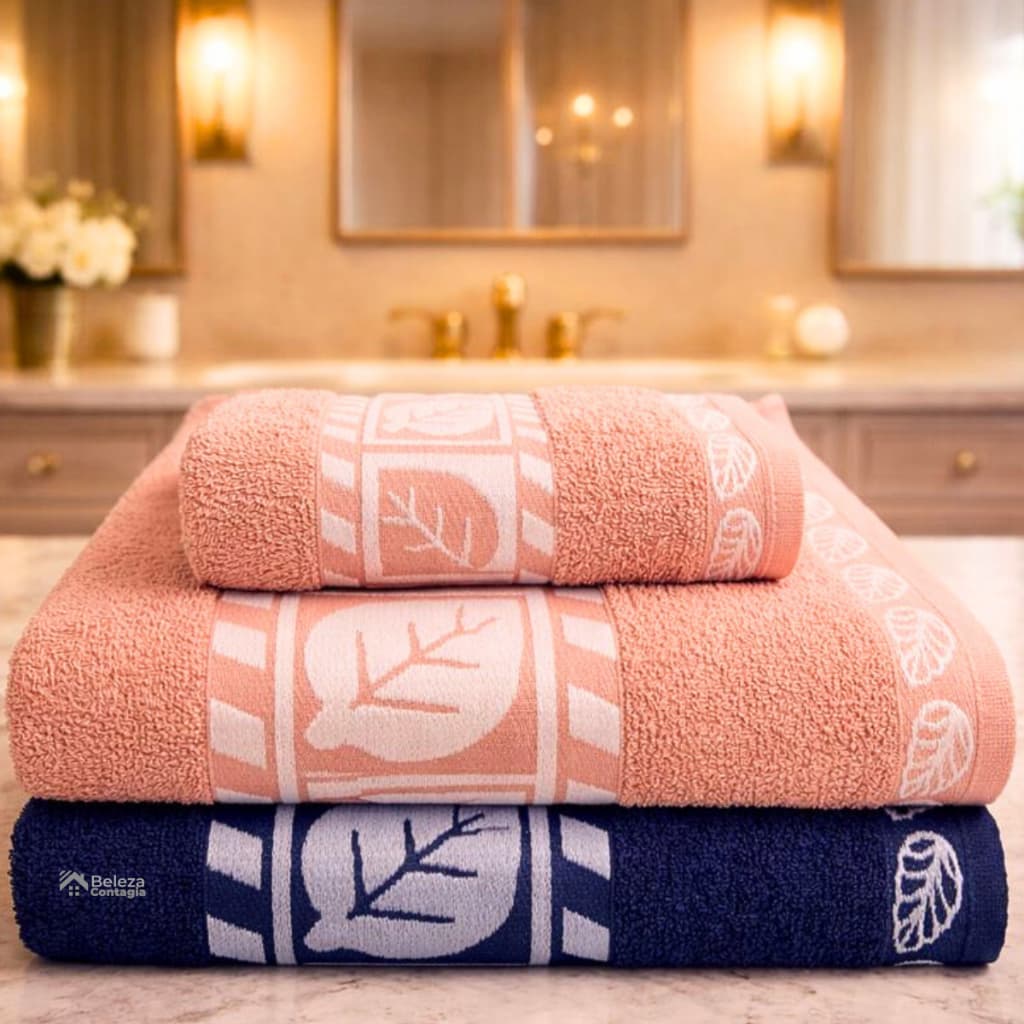 Jogo de toalhas de banho luxo com estampa de folhas, três peças, rosa e azul