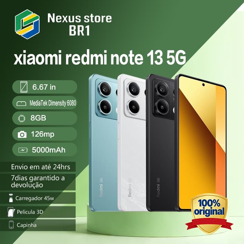 Xiaomi Redmi Note 13 5G, três versões de cores, azul, branco e preto, com câmera dupla traseira e furo na tela.