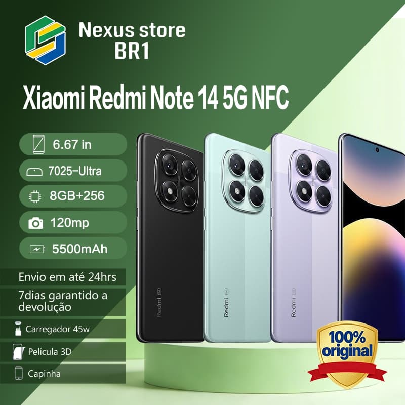 Anúncio do Xiaomi Redmi Note 14 5G NFC com quatro versões do smartphone em cores diferentes.