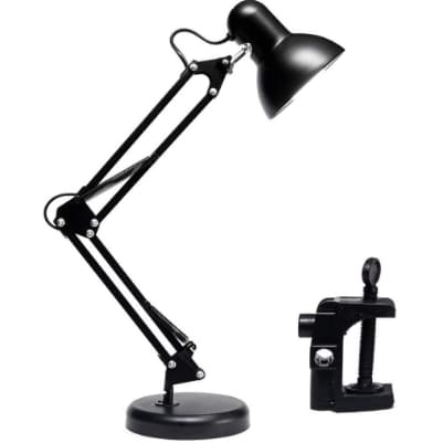 Luminária abajur articulada dobrável com garra de mesa preta em fundo branco