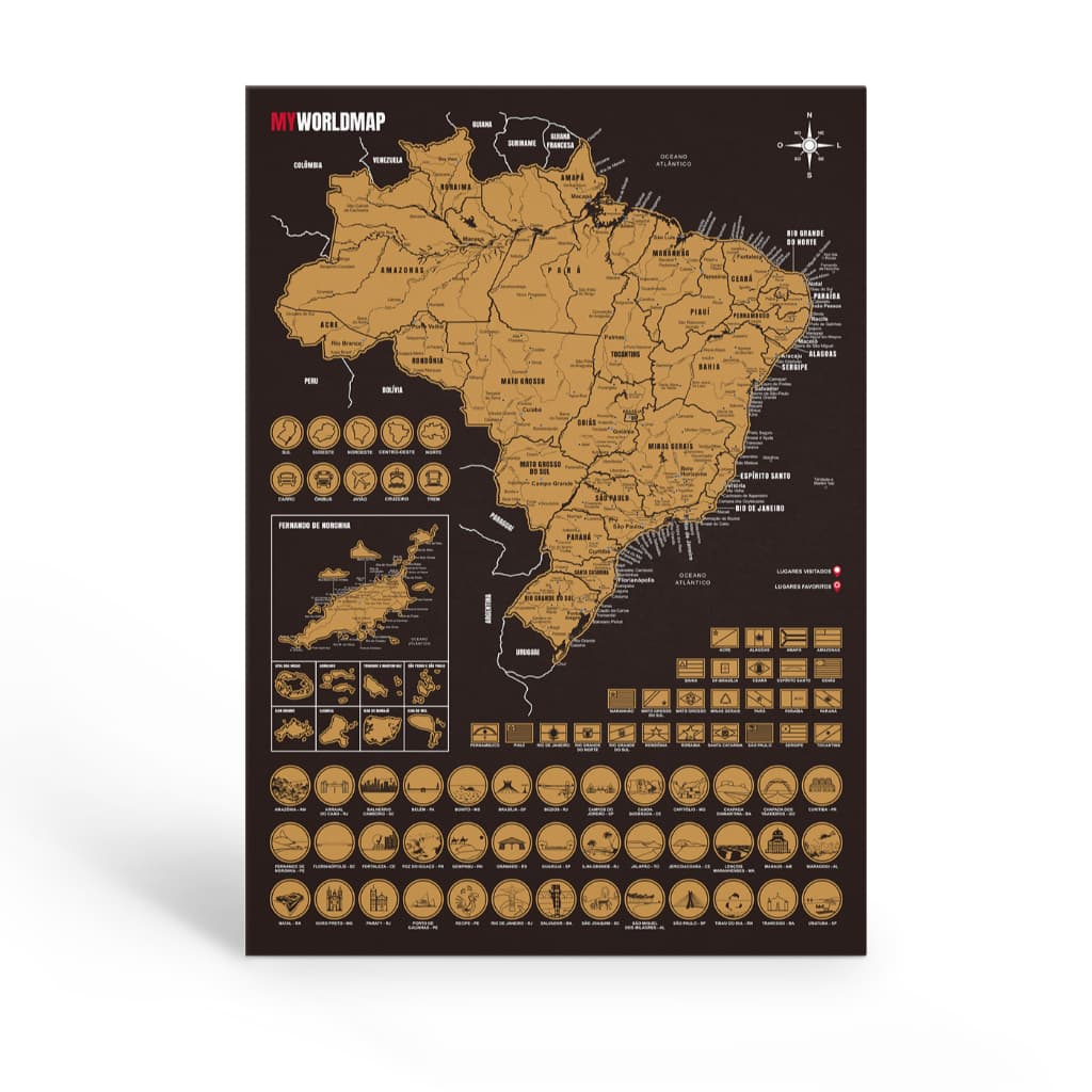 Mapa Raspar Brasil com Cidades e Praias - Mapa Raspadinha Marcar Viagens - A3 42X30