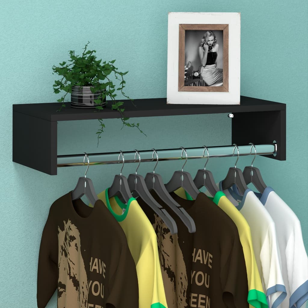 Prateleira com Cabide Cabideiro MDF Preto e Branco