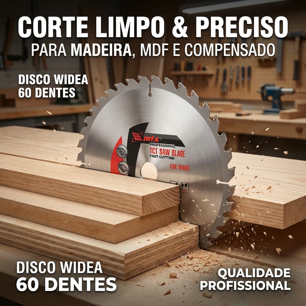 Disco circular de serra elétrica MTX 230mm com 60 dentes para madeira e MDF, corte limpo e preciso.
