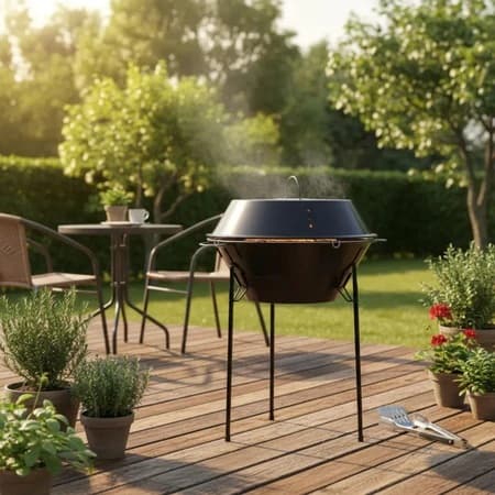 Churrasqueira portátil preta em deck com plantas e mesa ao fundo