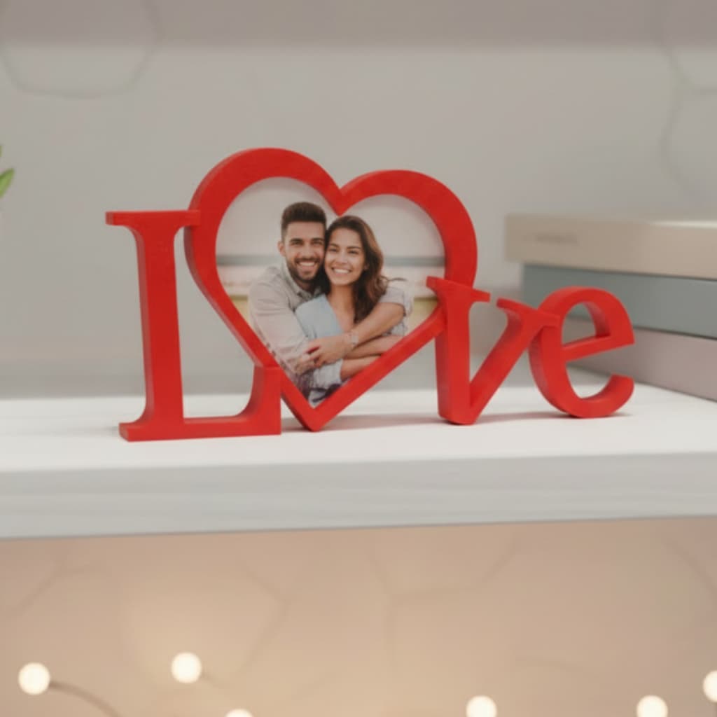 Porta retrato em forma de coração vermelho com a palavra 'Love' e uma foto de um casal apaixonado