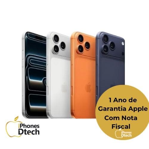 Apple iPhone 17 PRO MAX em quatro cores: preto, branco, laranja e azul, com garantia de 1 ano com nota fiscal.