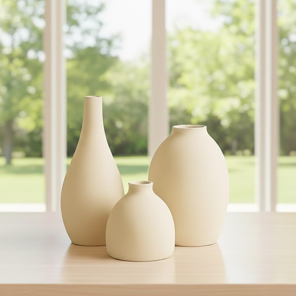 Trio de vasos decorativos modernos em cerâmica brancos sobre uma mesa de madeira
