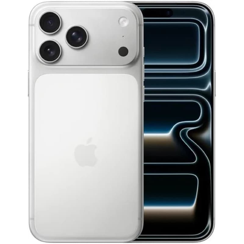 iPhone 17 Pro Max branco, parte traseira com três câmeras e logo da Apple, fundo preto e branco com efeito onda.