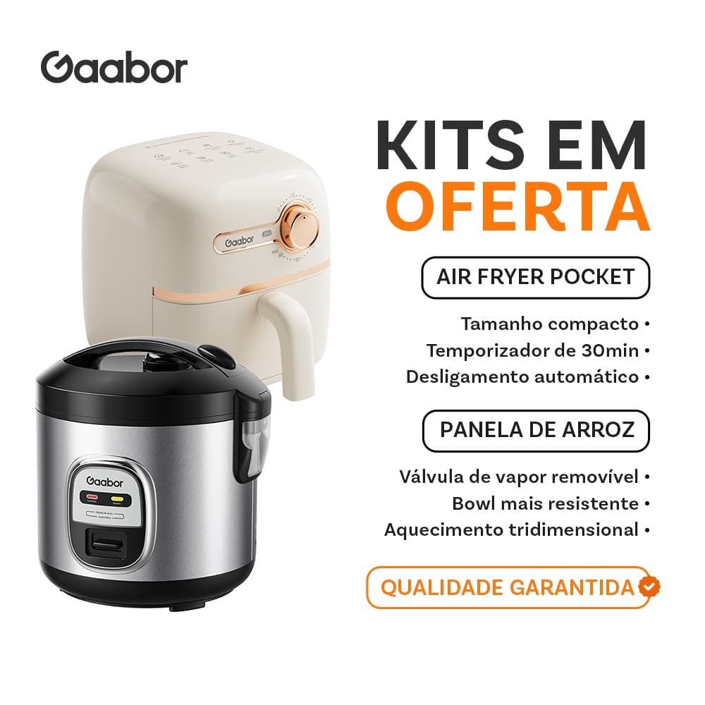 Kit Gaabor com fritadeira de ar e panela de arroz, ambos em fundo branco com texto promocional.