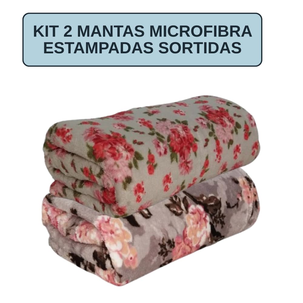 Kit 2 mantas microfibra estampadas casal 1,80m x 2,00m