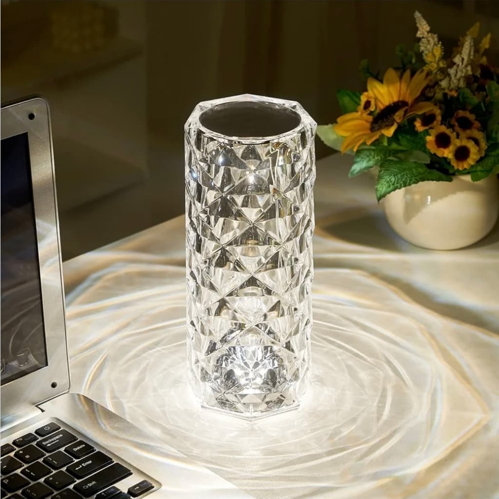 Abajur de Cristal Luminária de Mesa Rose Diamond com 16 Cores que Mudam, Recarregável via USB, Controle Remoto