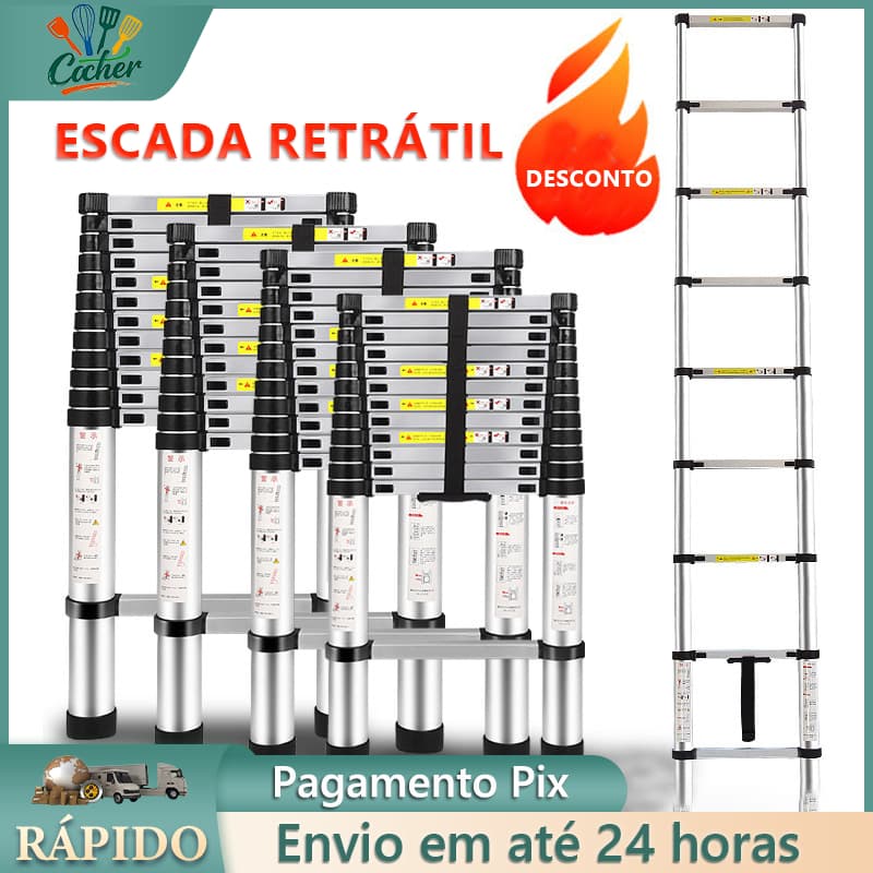 Escada telescópica retrátil de alumínio com 13 degraus, 4.2 metros, ótima qualidade, preto e prata
