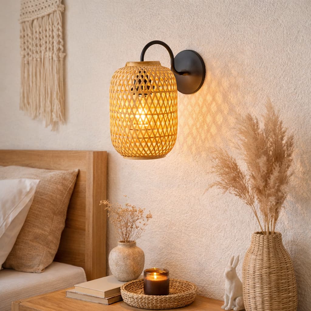 Arandela de parede em bambu estilo rústico boho iluminada com luz amarelada