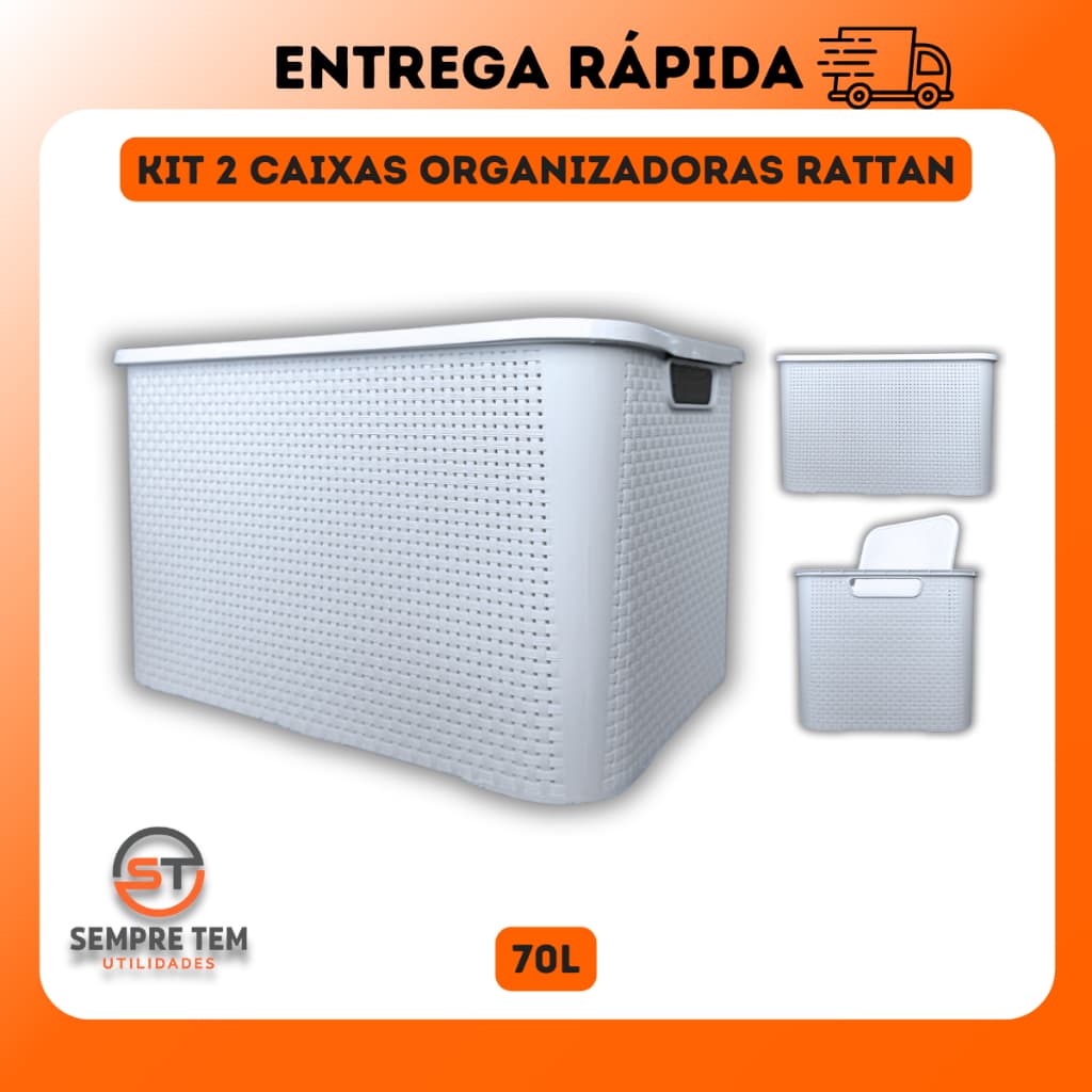 2 X Caixa Organizadora Rattan 70 Litros Grande Cesto Organizador Multiuso Plastico Reforçado Gigante