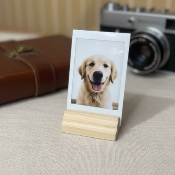 Porta-retrato Polaroid em pé com foto de cão golden retriever, câmera vintage e carteira marrom no fundo