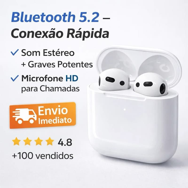 Fone Bluetooth AirPods 4 com Bluetooth 5.2, caixa de carregamento branca, fones de ouvido brancos, envio imediato, classificação 4.8 estrelas