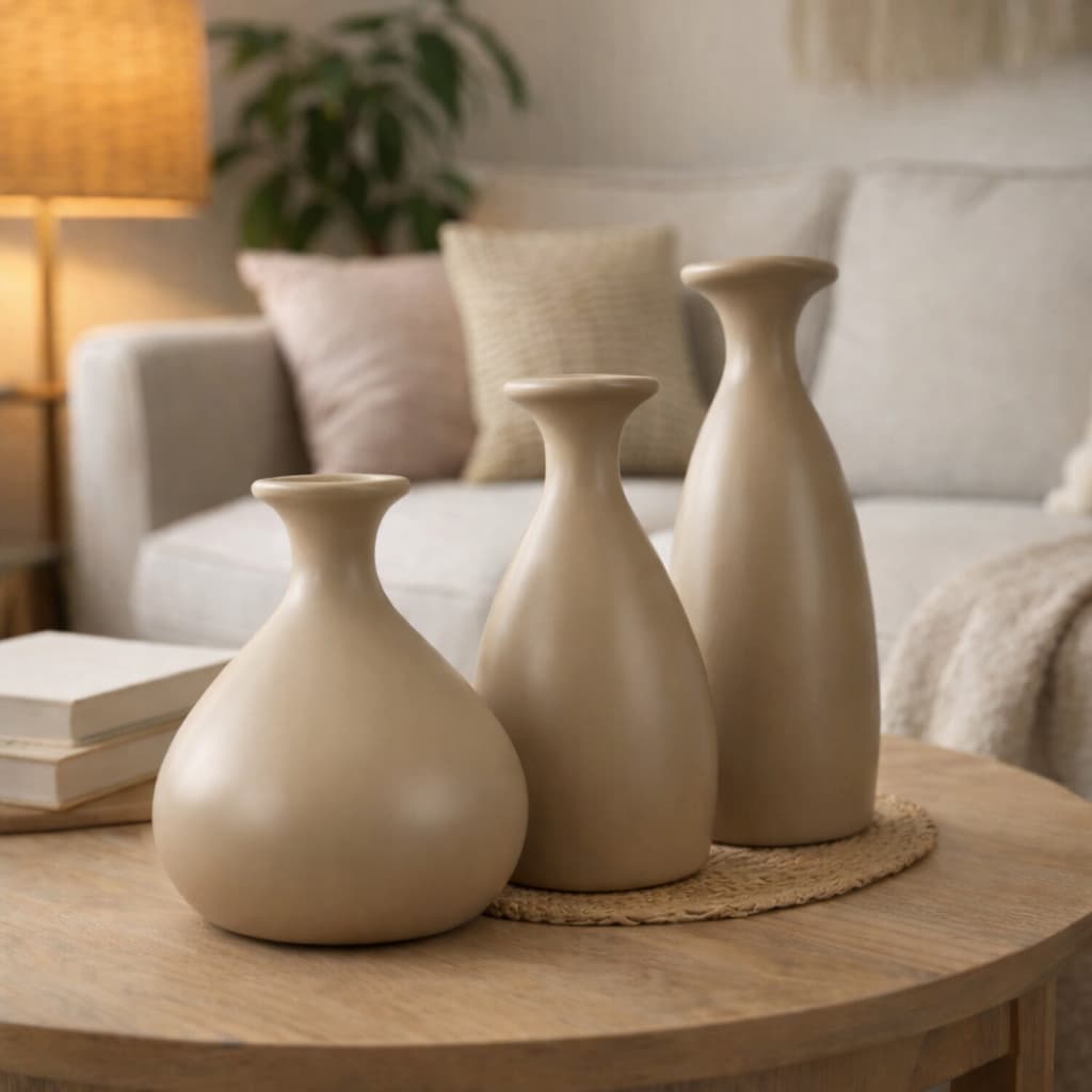 Trio de vasos decorativos em cerâmica bege para sala e escritório