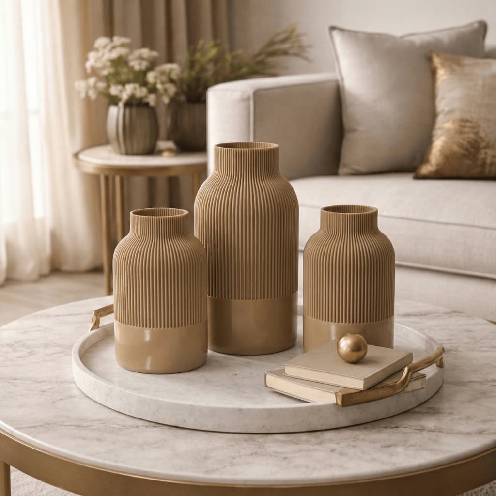 Kit 3 Vasos Decorativos Canelados Marrom para Decoração de Sala e Mesa
