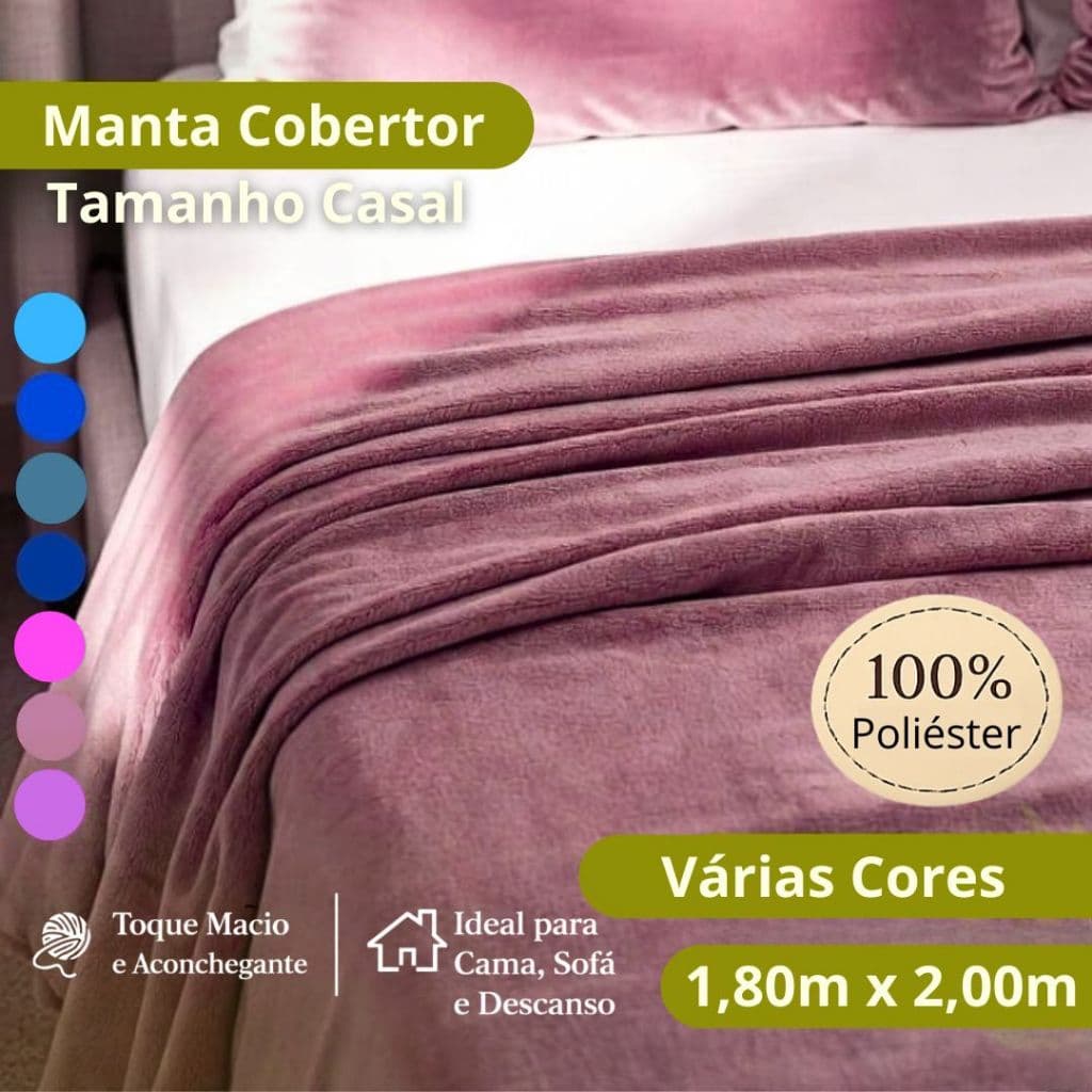 Manta de microfibra rosa tamanho casal, 100% poliéster, toque macio, várias cores disponíveis.