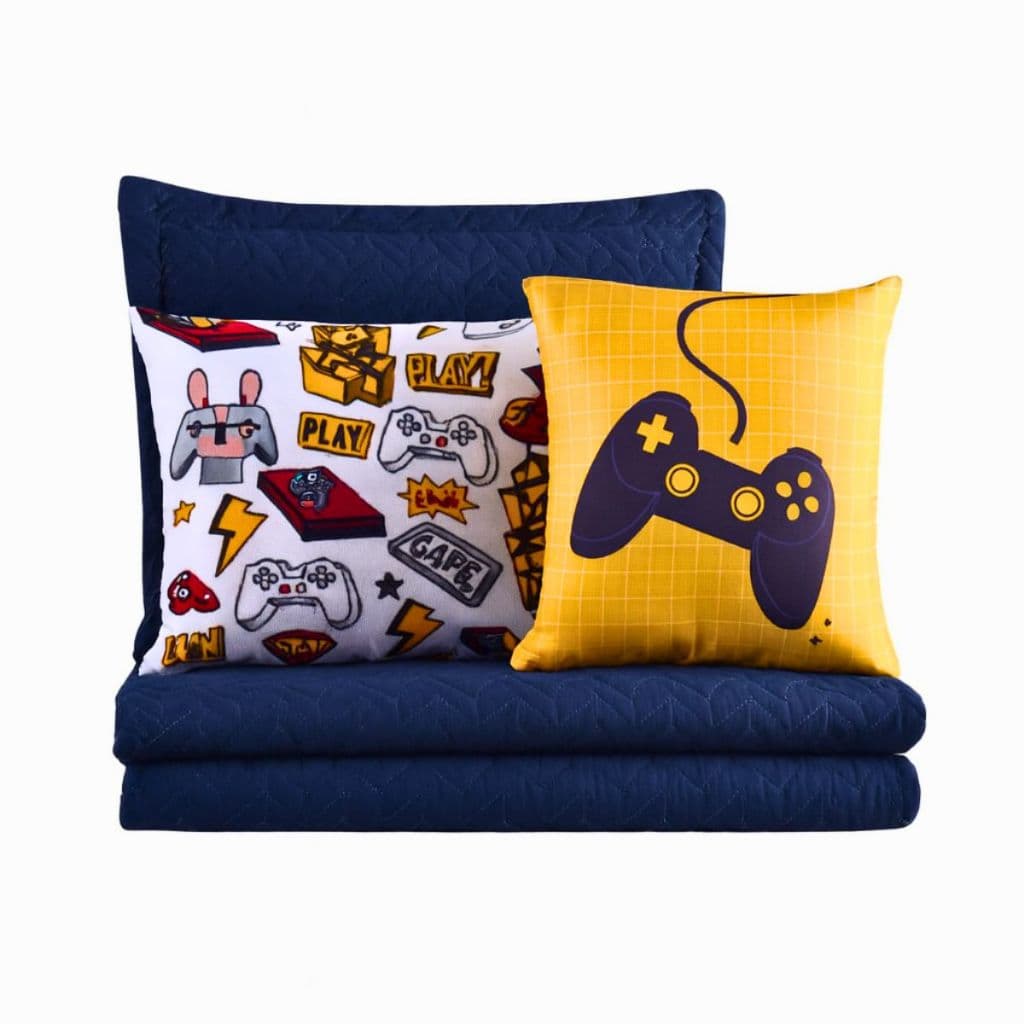 Jogo de cama solteiro com estampa de jogos eletrônicos, colcha e protetor de colchão azul marinho com estampas coloridas