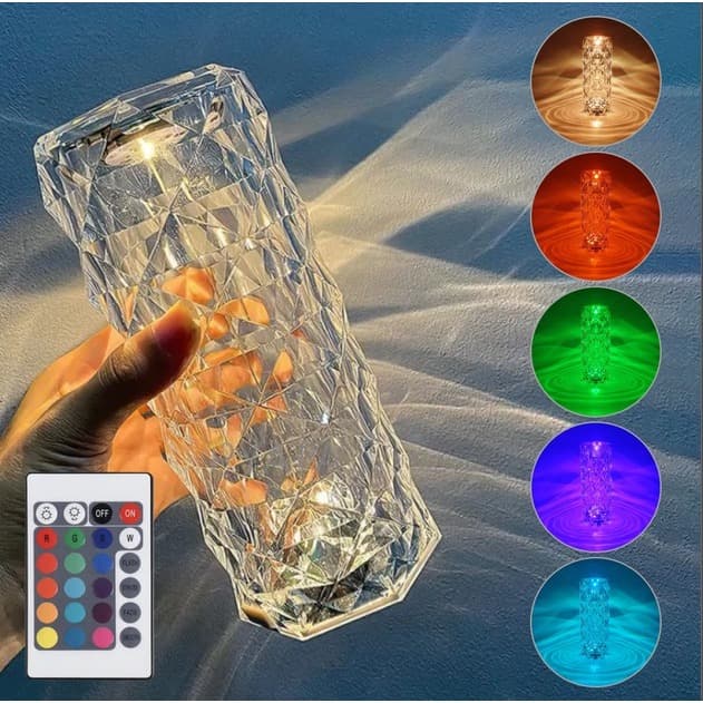 Luminária Cristal Abajur de Mesa LED Multicolor Touch com Controle Remoto Recarregável