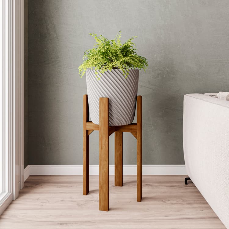 Suporte para vaso em madeira 55cm com tripé cinza e padrão de ondas