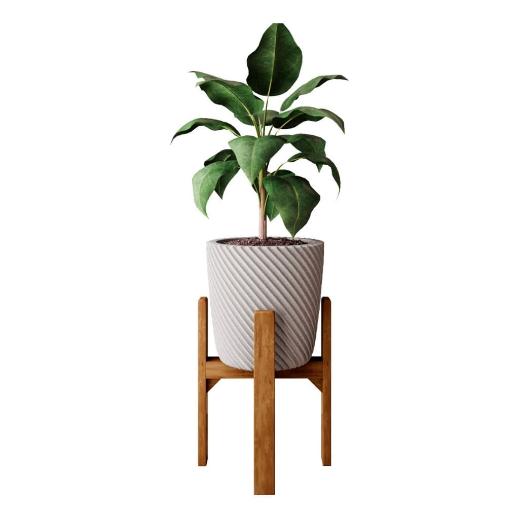 Suporte para vaso em madeira com planta verde, vaso cinza e branco texturizado, fundo branco