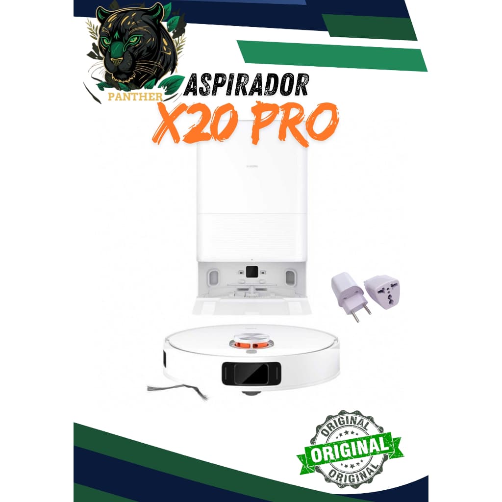Robô aspirador X20 Pro original em fundo branco com etiquetas de garantia e adaptadores de energia