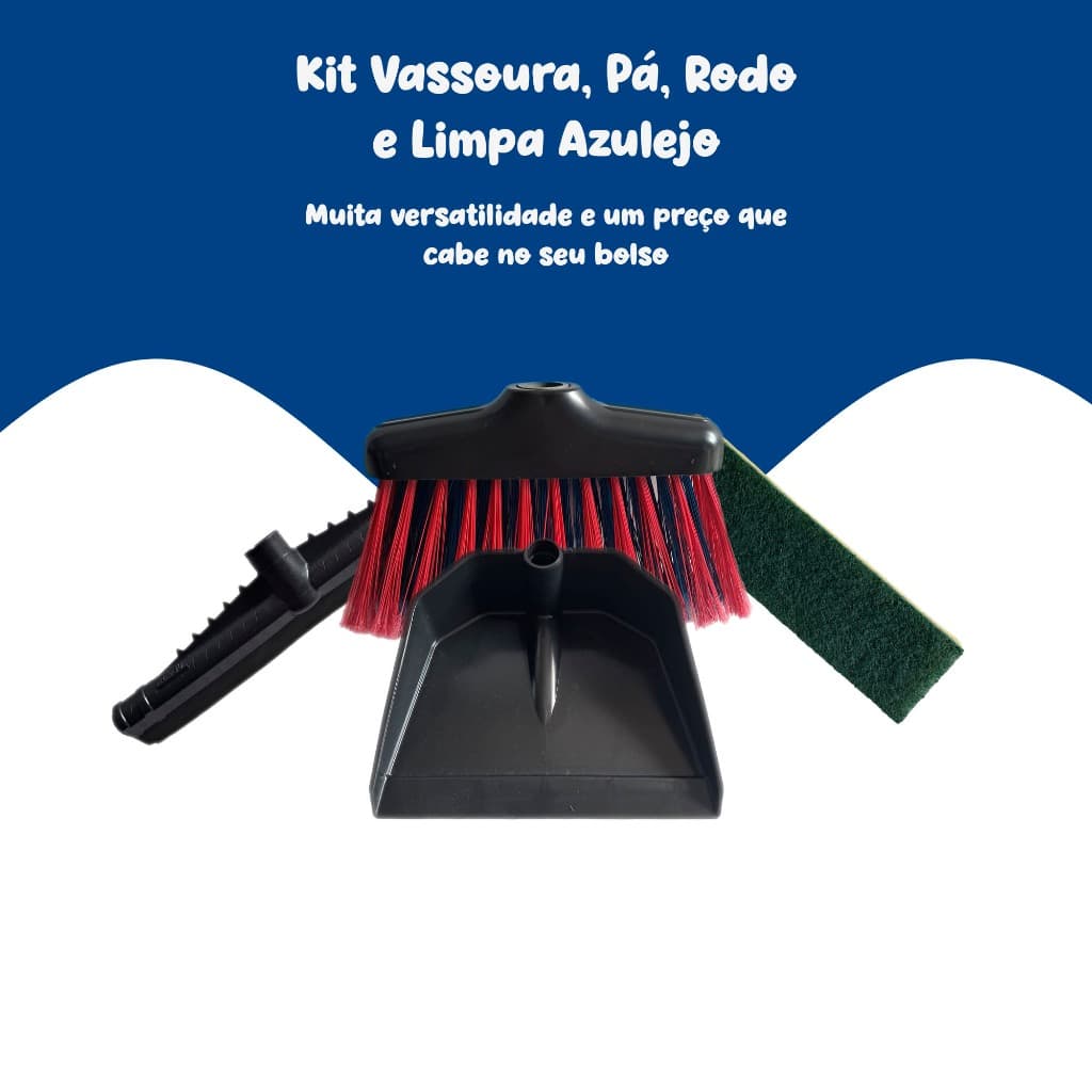 Kit Vassoura Pá Rodo 30cm Rodo 40cm Limpa Azulejo com Cabo e ITEM COMPLEMENTAR