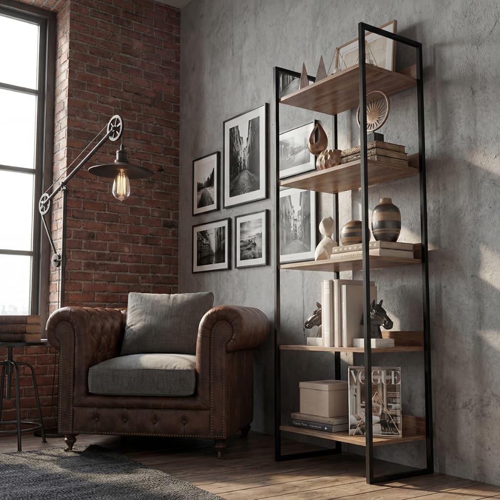 Estante Industrial Moderna 190cm Multiuso Para Sala 5 Prateleiras Estrutura Preta Com Prateleiras Lamina Modelo Rena