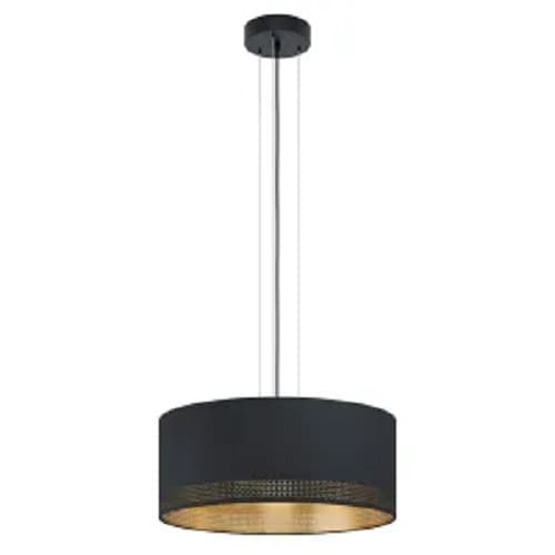 Luminária pendente com cúpula preta e borda dourada, pendente de um suporte metálico preto.