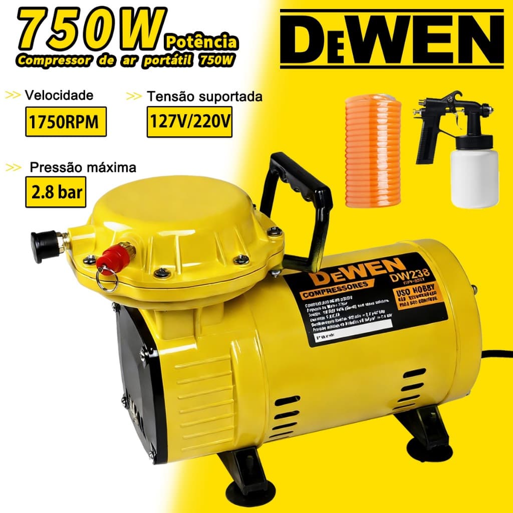 Compressor de ar portátil profissional Dewen 750W, 1/3CV, bivolt 110V/220V, 2.8 bar