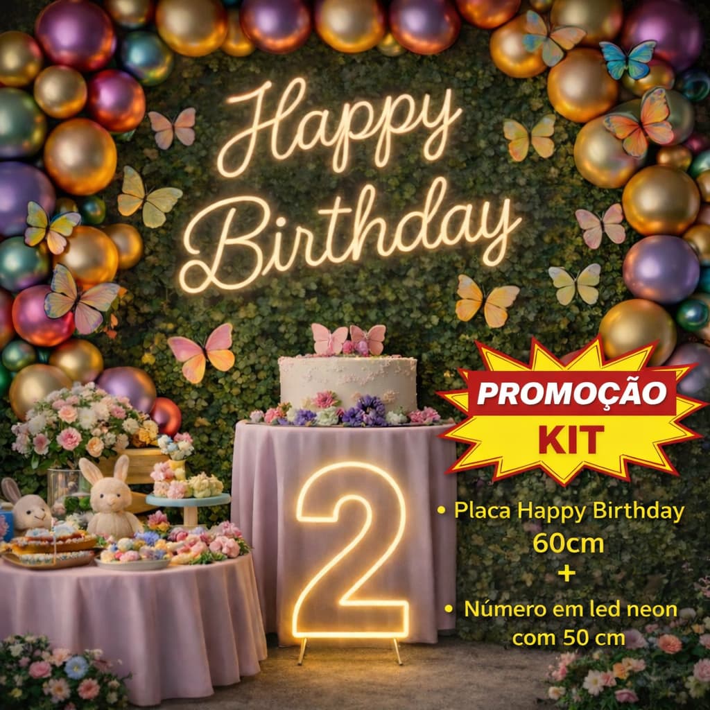 Kit - Placa happy birthday em led neon  60cm de largura + numero led neon 50 cm de altura