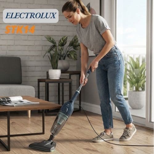 Aspirador de pó vertical Electrolux STK14 em uso em uma sala de estar