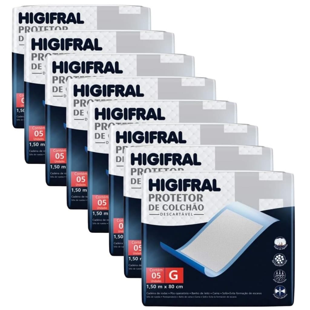 Kit 8 protetores de colchão descartáveis Higifral, 5 protetores por pacote, total 40 protetores, embalagens azuis e brancas
