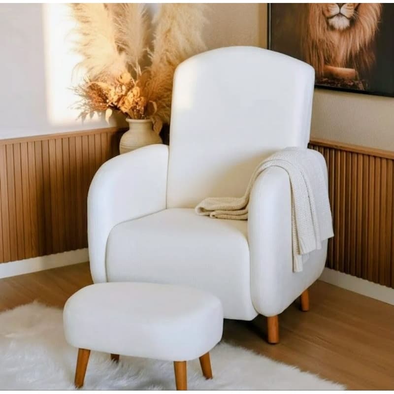 Poltrona de Amamentação Decorativa Curva Orgânica Pés Palito Boucle Bege ou Cinza Puff  Sala Moderna Confortável Leitura