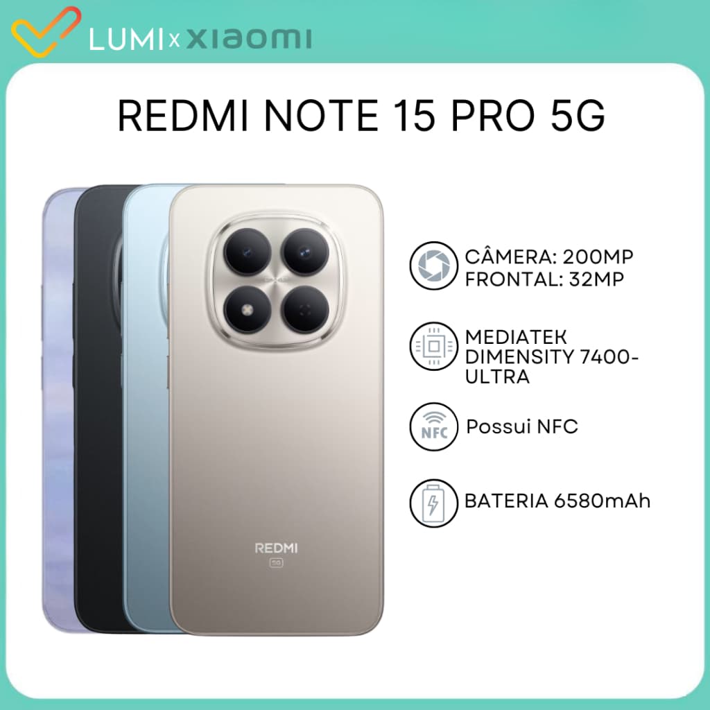 Xiaomi Redmi Note 15 Pro 5G com câmera quádrupla e NFC, disponível em branco, azul e preto