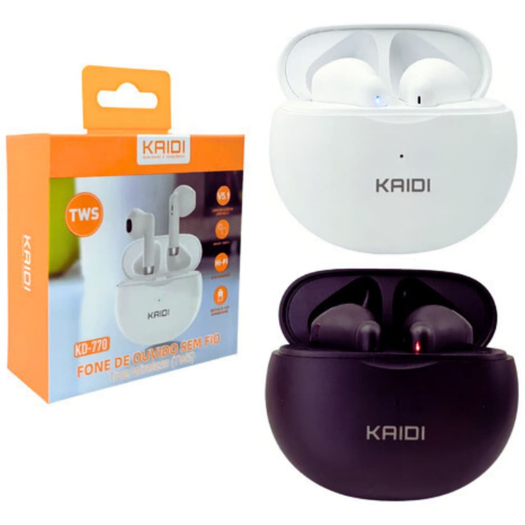 Fone de ouvido sem fio KAIDI KD-770 em embalagem branca e violeta com logotipo KAIDI