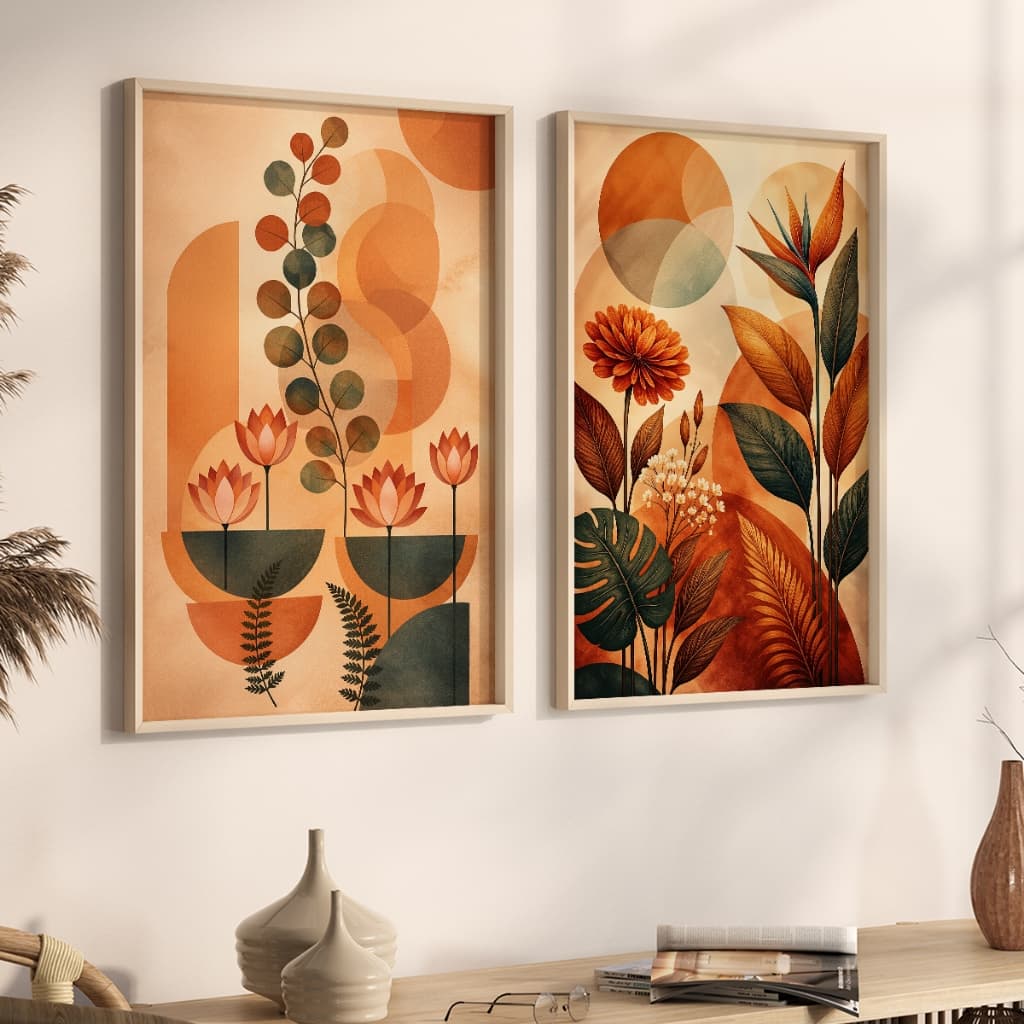Kit 2 Quadros Decorativos Abstratos Botânicos com Moldura Branca