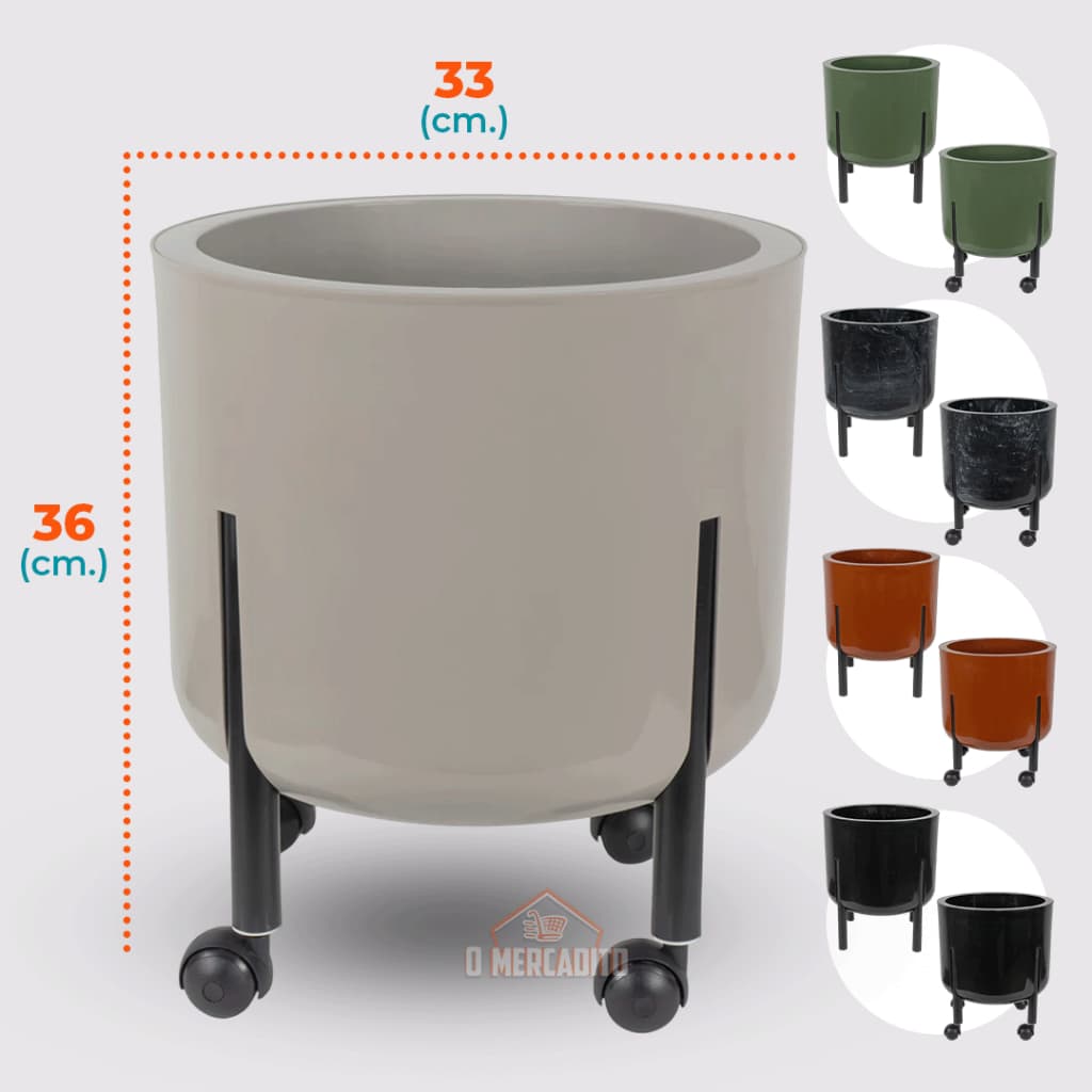 Vaso decorativo cinza claro com rodas para plantas, 36 cm altura, 33 cm diâmetro
