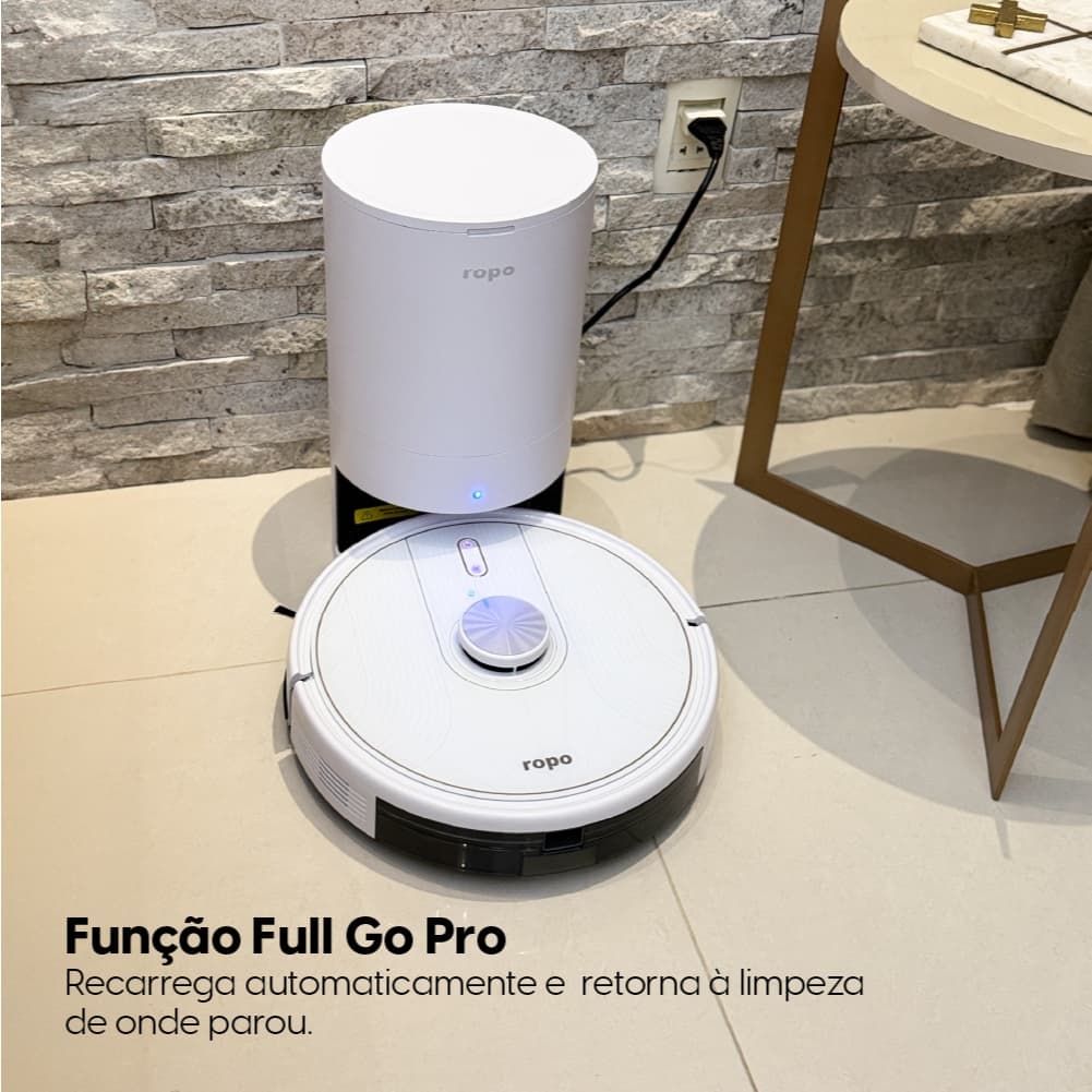 Robô Aspirador de Pó Ropo Glass 5 Pro em fundo claro com texto sobre função Full Go Pro
