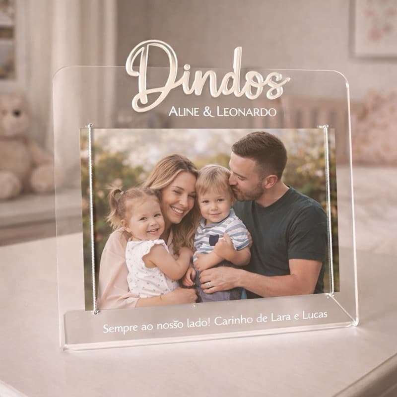 Porta retrato acrílico personalizado com foto de família e texto personalizado