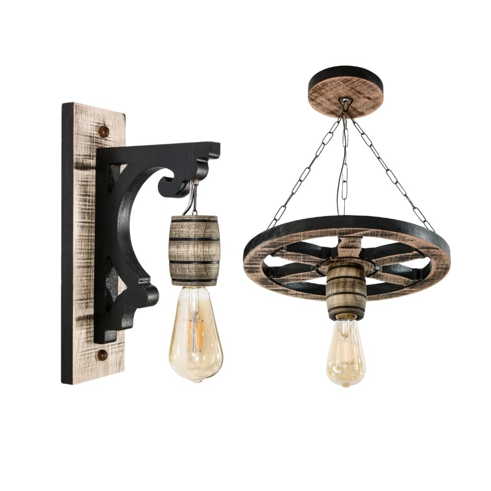 Kit Luminárias Rústicas Coloniais com Pendente Roda de Carroça e Arandela Vintage - Marrom