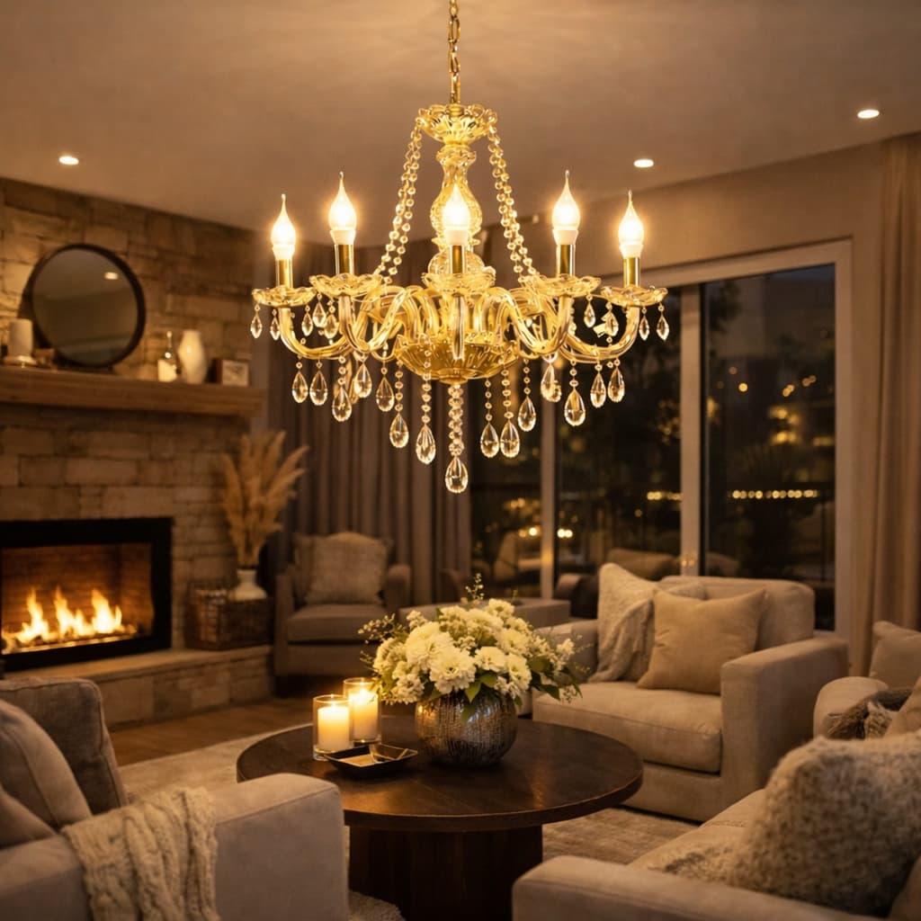 Luminária de cristal âmbar luxuosa com seis braços iluminando sala de estar
