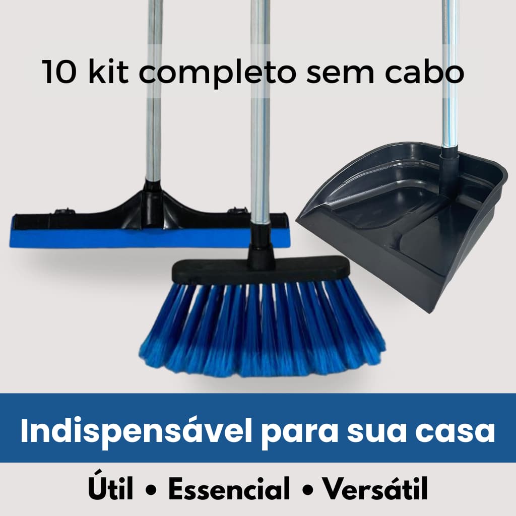Kit limpeza profissional 10 vassouras rodo sem cabo e pá com cabo 60cm