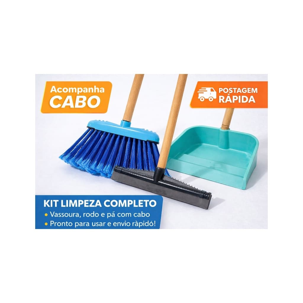 Kit Limpeza Completo Vassoura Rodo e Pá COM CABO  Multiuso Casa Apartamento Porcelanato Pisos Frios